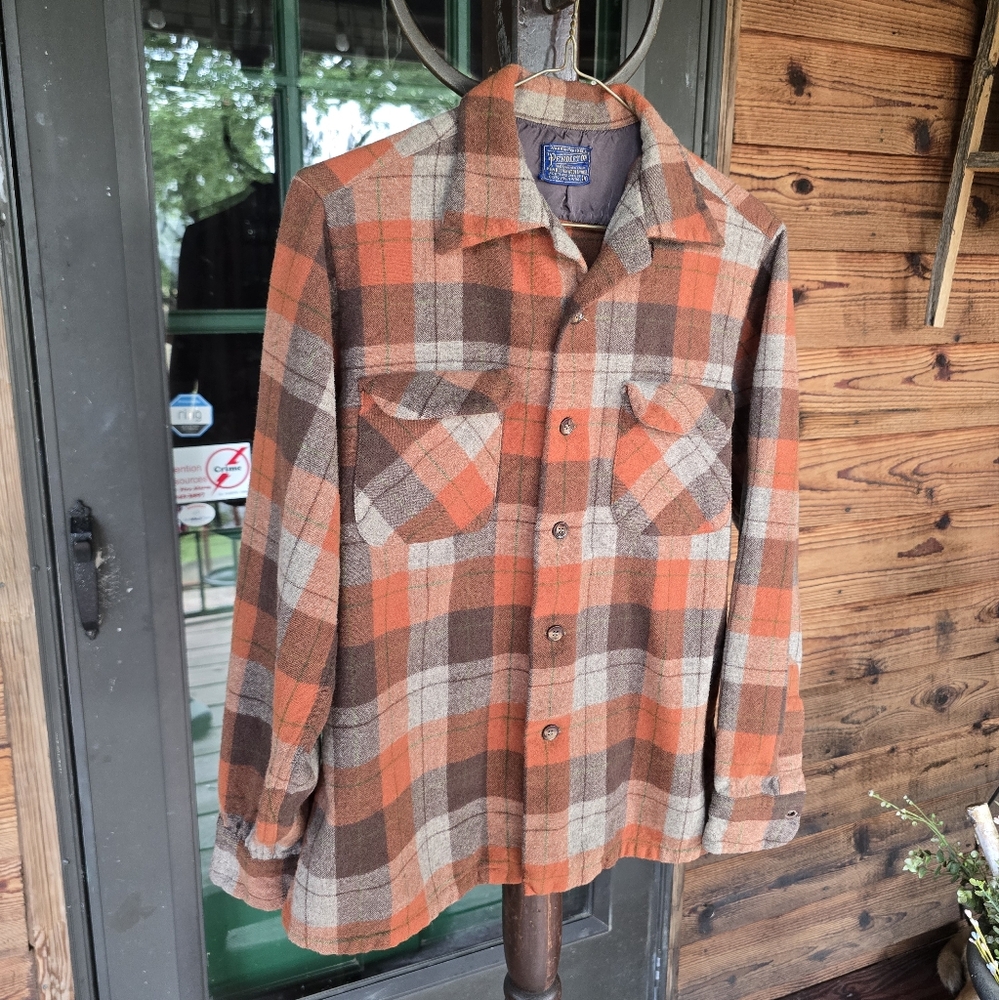 Pendleton Orange and Brown Plaid Button-Up Shirt, Medium - Picture 2 of 10